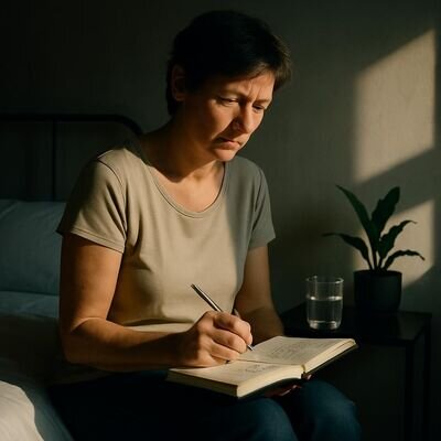 Eine Person notiert nach dem Aufwachen ruhig ihre Klartraum-Erinnerungen in ein Notizbuch, warmes Morgenlicht und geordnete Atmosph&auml;re.