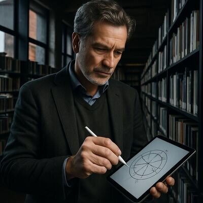 Eine Person ordnet Horoskop-Output auf einem Tablet und macht dazu kurze Markierungen.