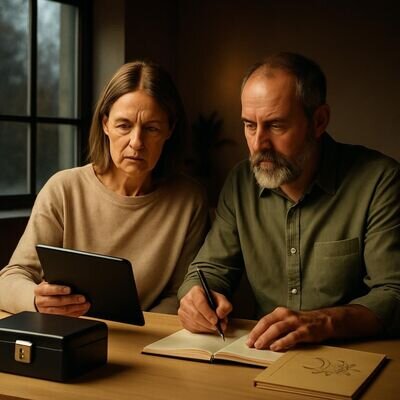 Zwei Freund:innen besprechen in einem hellen Arbeitszimmer die Struktur eines gemeinsamen Traumtagebuchs, mit Tablet und Papier, konzentriert und freundlich.