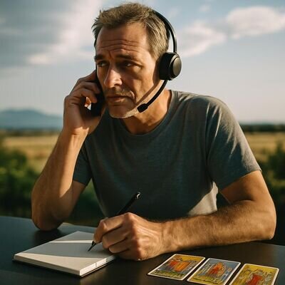 Eine Person telefoniert mit Headset, macht sich Notizen; Tarotkarten liegen daneben &ndash; dynamisch, live im Gespr&auml;ch.
