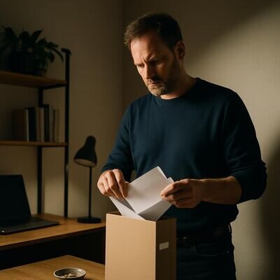 Eine Person setzt einen kleinen, konkreten Schritt: ein Brief wird geoeffnet und geordnet.