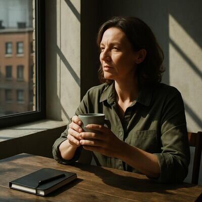 Eine Person sitzt ruhig am Fenster, wirkt nachdenklich und geerdet, Morgenlicht schafft einen Moment von Sicherheit.