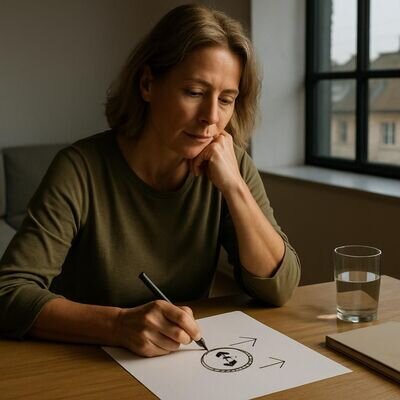 Eine Person betrachtet nachdenklich Notizen zu Geldueberzeugungen in ruhiger, heller Umgebung.