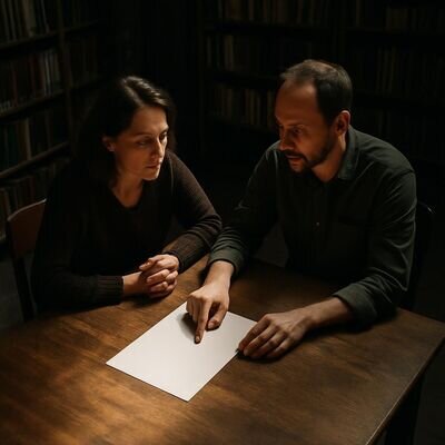 Zwei Menschen in einer Bibliothek in intensiver, ruhiger Unterhaltung, Symbol fuer Fokus und Einordnung von Impulsen.