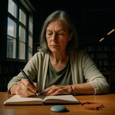 Eine Person h&auml;lt inne und notiert Gedanken, als Moment der Selbstkl&auml;rung.