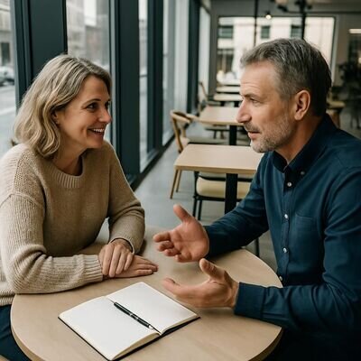 Zwei Menschen in freundlichem Caf&eacute;-Gespr&auml;ch, respektvoller Blickkontakt, Symbol f&uuml;r Grenzen und ehrliche Kommunikation.