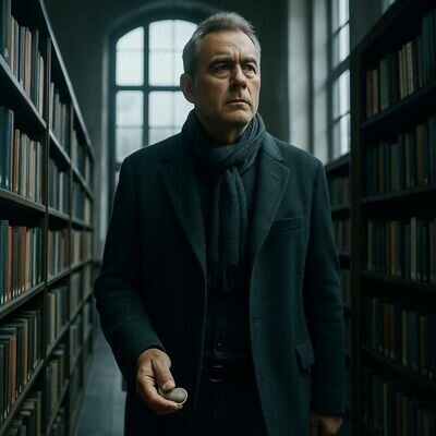 Eine Person geht durch eine Bibliothek und betrachtet reflektierend ein kleines Symbolobjekt, als Sinnbild f&uuml;r das Erkennen von Hinweisen nach der Session.