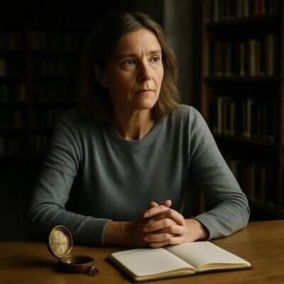 Eine Person sitzt in einer hellen Bibliothek und betrachtet eine Kompass-Nadel auf dem Tisch &ndash; Symbol f&uuml;r innere Ausrichtung.