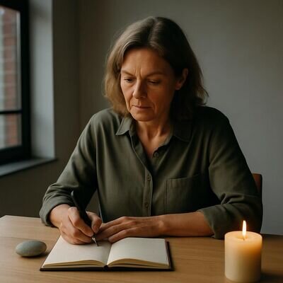 Eine Person schreibt ruhig in ein Notizbuch, Sinnbild fuer Selbstregulation und Klarheit.