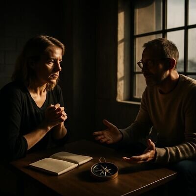 Zwei Erwachsene im ruhigen Gespr&auml;ch in einem hellen, modernen Raum, wertsch&auml;tzende Atmosph&auml;re.