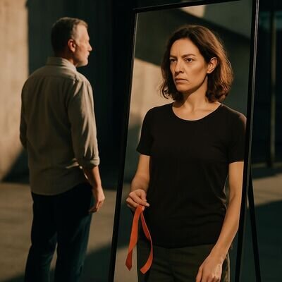 Eine Person betrachtet sich in einem Spiegel, im Hintergrund unscharf eine zweite Person; Symbol f&uuml;r Selbstverantwortung und Mustererkenntnis.