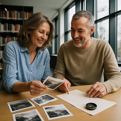 Zwei Personen betrachten an einem hellen Ort Fotos und Notizen, als w&uuml;rden sie Muster aus Alltag und Traum vergleichen.