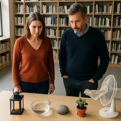 Zwei Menschen betrachten symbolisch Feuer, Wasser, Erde und Luft als Hinweis auf unterschiedliche Beziehungsbed&uuml;rfnisse.