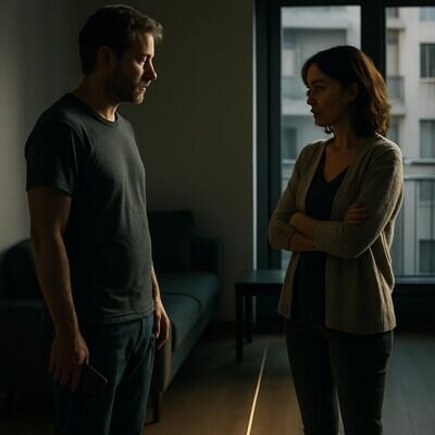 Zwei Erwachsene stehen sich in einem modernen, ruhigen Setting gegenueber, sichtbar angespannt zwischen Verbindung und Rueckzug.