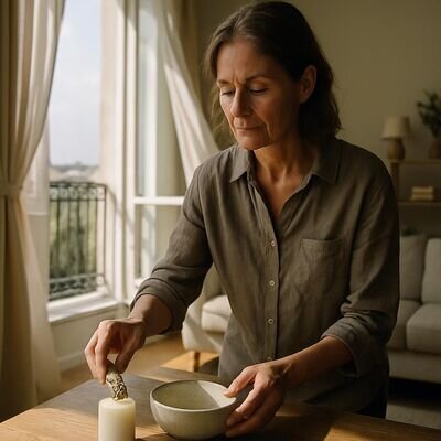 Heller Wohnraum mit offenem Fenster; eine Person bereitet ruhig eine Schale und Kerze f&uuml;r ein kl&auml;rendes Ritual vor.