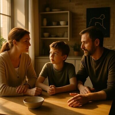 Eltern und Kind im ruhigen Gespr&auml;ch am Esstisch, warmes Licht, verbindende Stimmung.
