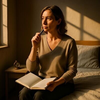 Eine Person h&auml;lt direkt nach dem Aufwachen ein Traumfragment in einem Notizbuch fest, warmes Morgenlicht im Schlafzimmer.