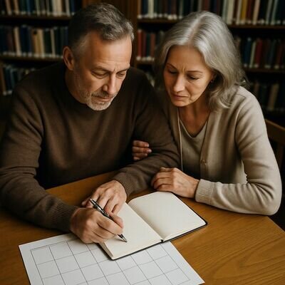 Ein Paar schreibt gemeinsam eine kleine Vereinbarung in ein Notizbuch, als Zeichen von Klarheit und Teamgef&uuml;hl.