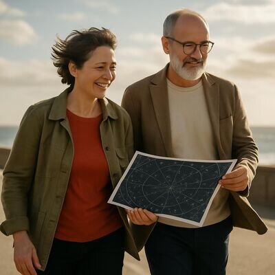 Zwei Personen gehen nebeneinander im Freien und halten eine gefaltete Sternkarte als Symbol f&uuml;r Orientierung.