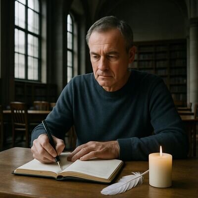 Eine Person notiert Gedanken in ein Notizbuch, neben ihr liegen eine Kerze und eine Feder als ruhige Symbolik.