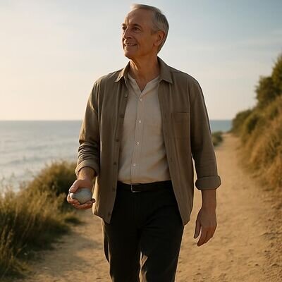 Eine Person verbindet eine lichte Naturkulisse mit einem bodenstaendigen Reflexionsmoment zur sicheren Engelsarbeit.