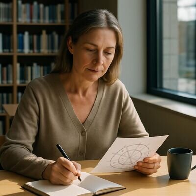 Eine Person liest ein Horoskop und macht sich Notizen, gelassene Stimmung, Fokus auf Orientierung statt Angst.