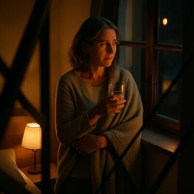 Eine Person steht nachts am Fenster, atmet ruhig, warmes Licht vermittelt Sicherheit nach einem belastenden Traum.