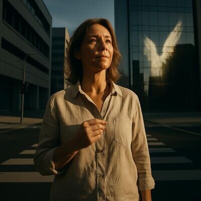 Eine Person in ruhiger Alltagsszene, sinnbildlich begleitet und gesch&uuml;tzt.