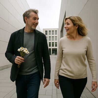 Zwei Personen gehen durch eine helle Stadtstra&szlig;e, ein zuf&auml;lliger Moment des Wiedererkennens, freundlich und offen.