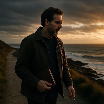 Eine Person geht in ruhigem Morgenlicht einen Weg entlang und h&auml;lt ein Notizbuch als Symbol f&uuml;r reflektierte Fragen.