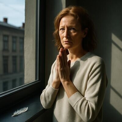 Eine Person h&auml;lt inne und sammelt sich, bevor sie ein Engelgebet als Selbstkl&auml;rung spricht.
