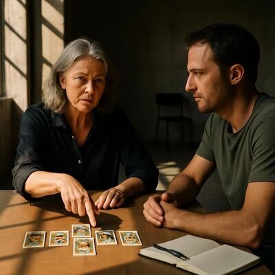 Zwei Menschen in ruhiger Gespr&auml;chsatmosph&auml;re mit Karten und Notizbuch, freundlich und klar.