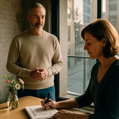 Helle Coaching-Szene am gro&szlig;en Fenster: eine Person schreibt in ein Notizbuch, eine zweite h&ouml;rt zu; warm und lebensbejahend.