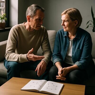 Ein Paar wirkt erleichtert nach einem kl&auml;renden Austausch, Sternbild-Notizen liegen sichtbar, Atmosph&auml;re freundlich und offen.