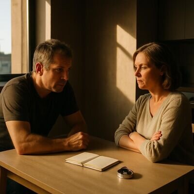 Zwei erwachsene Personen sitzen mit etwas Abstand an einem Tisch und wirken nachdenklich, als w&uuml;rden sie ein sensibles Beziehungsthema kl&auml;ren.