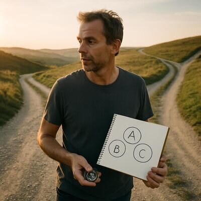 Eine Person steht an einem Wegpunkt und betrachtet drei m&ouml;gliche Richtungen als Symbol f&uuml;r A/B/C beim Jobwechsel.