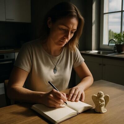 Eine Person schreibt einen kurzen, schlichten Leitsatz in ein Notizbuch; helle, warme Morgenstimmung.