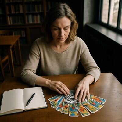 Eine Person betrachtet Tarotkarten und notiert Gedanken in einem Journal.