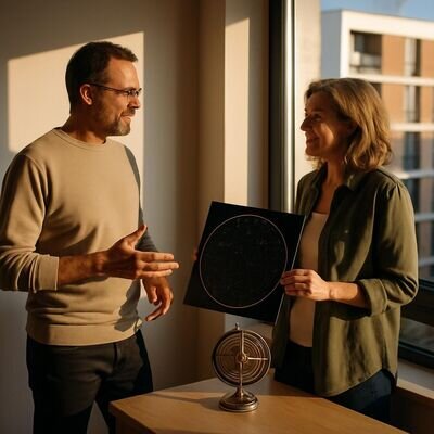 Zwei Erwachsene betrachten gemeinsam eine Sternkarte und sprechen ruhig miteinander.