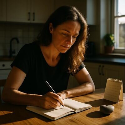 Eine Person sitzt ruhig mit Notizbuch und reflektiert Gef&uuml;hle und Bed&uuml;rfnisse, bevor sie sich auf N&auml;he einl&auml;sst.