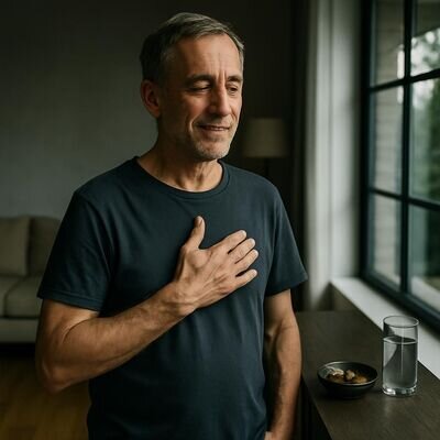 Eine Person steht in hellem Raum, Hand auf der Brust, neben ihr eine Schale mit M&uuml;nzen und ein Glas Wasser, ruhige, optimistische Stimmung.