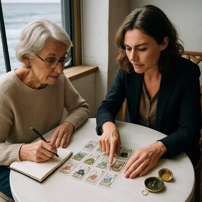 Zwei Personen besprechen ruhig Grenzen und n&auml;chste Schritte neben einem Kartenbild.