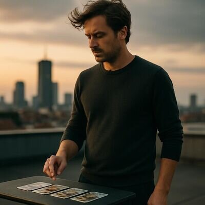 Eine Person h&auml;lt Kipperkarten in einem urbanen Setting und wirkt nachdenklich.