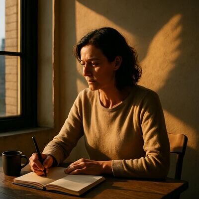 Eine Person sitzt morgens am Fenster und notiert einen intensiven Traum, sanftes Licht und ruhige Atmosph&auml;re.